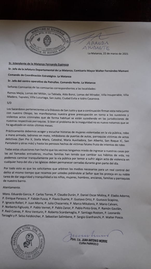 obispo de San Justo inseguridad