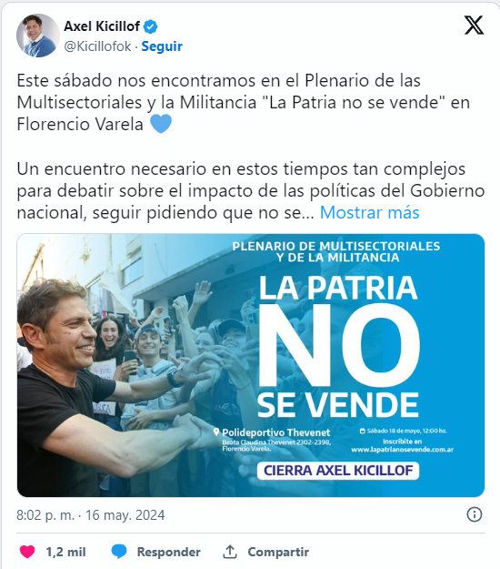 Kicillof cerrará plenario Patria no se vende aa