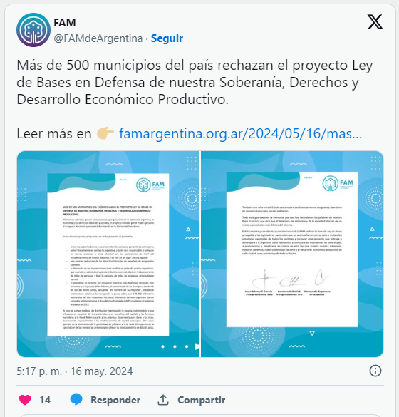 Más de 500 municipios contra Ley Bases