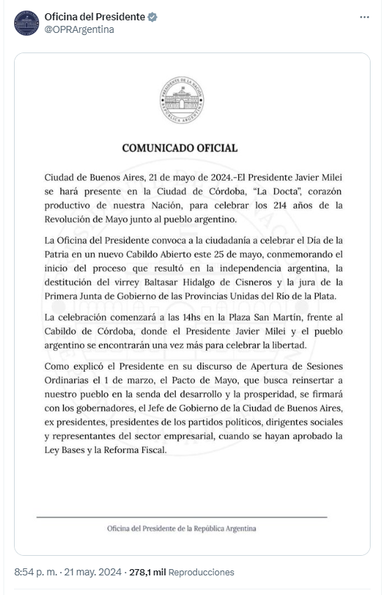 demoras Ley Bases, Milei no Pacto de Mayo