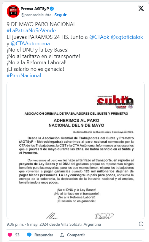 metrodelegados adhirieron paro jueves jornada 