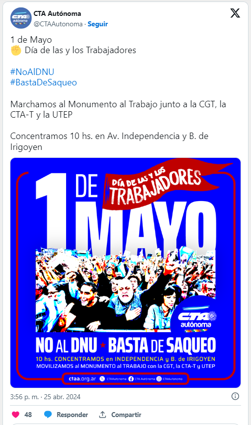 La CGT CTA movilizan Día Trabajador patria